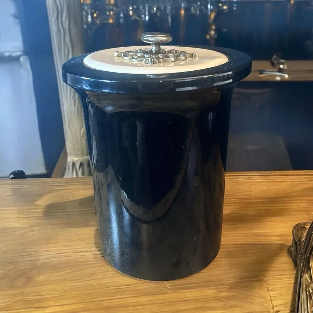 Black Vinyl Shell Ice Bucket Canister  w/ Lid Ornate Metal Accent 11” Tall MCM